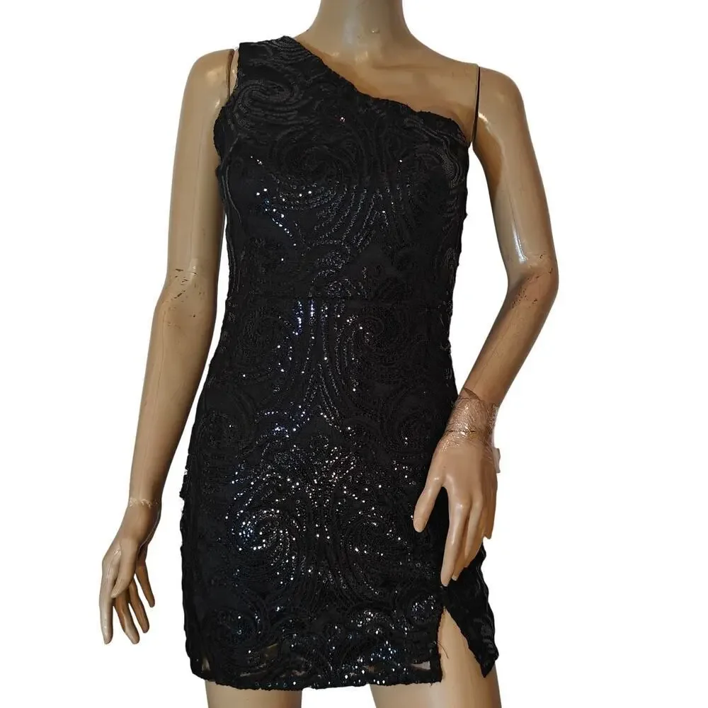 Lulu’s Black One-Shoulder Sequin Mini Dress Cocktail Party Size XS